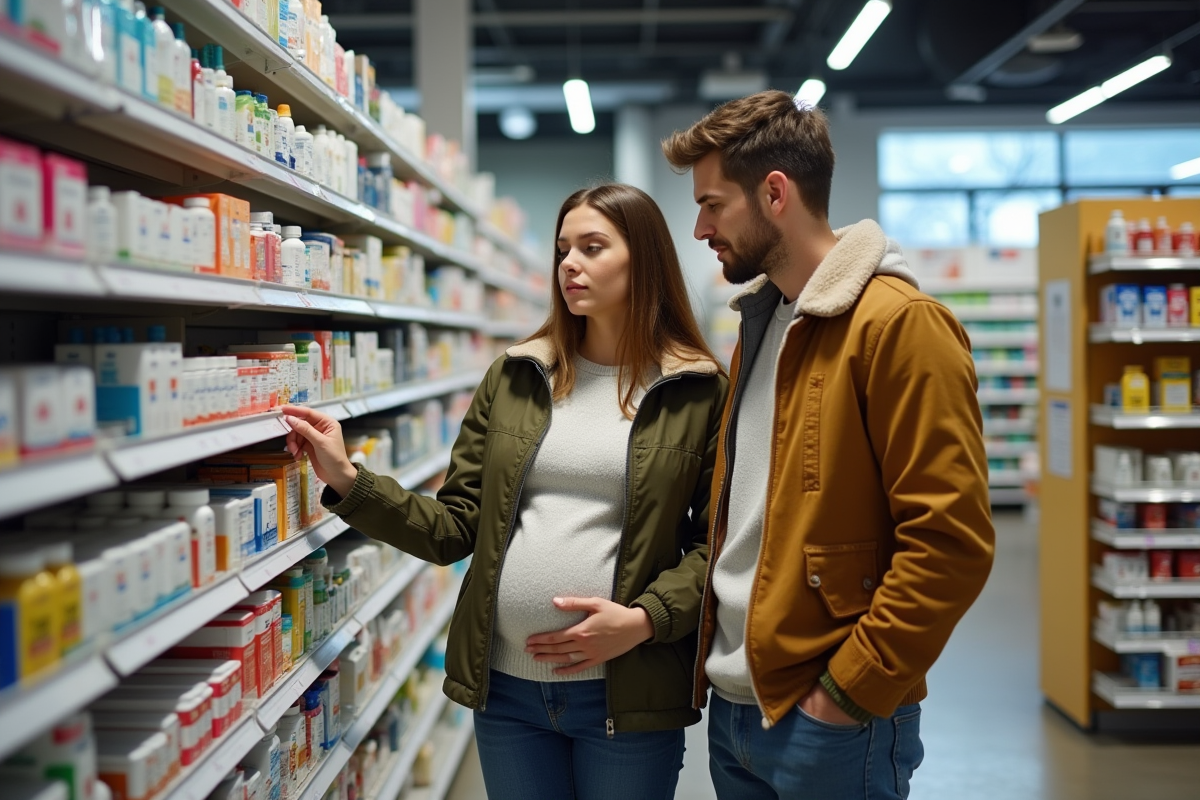 Couple regardant vitamines prénatales en pharmacie