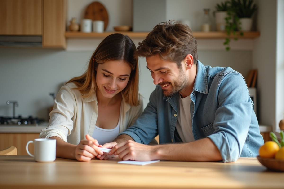 Jeune couple regardant un test de grossesse sur la table de cuisine