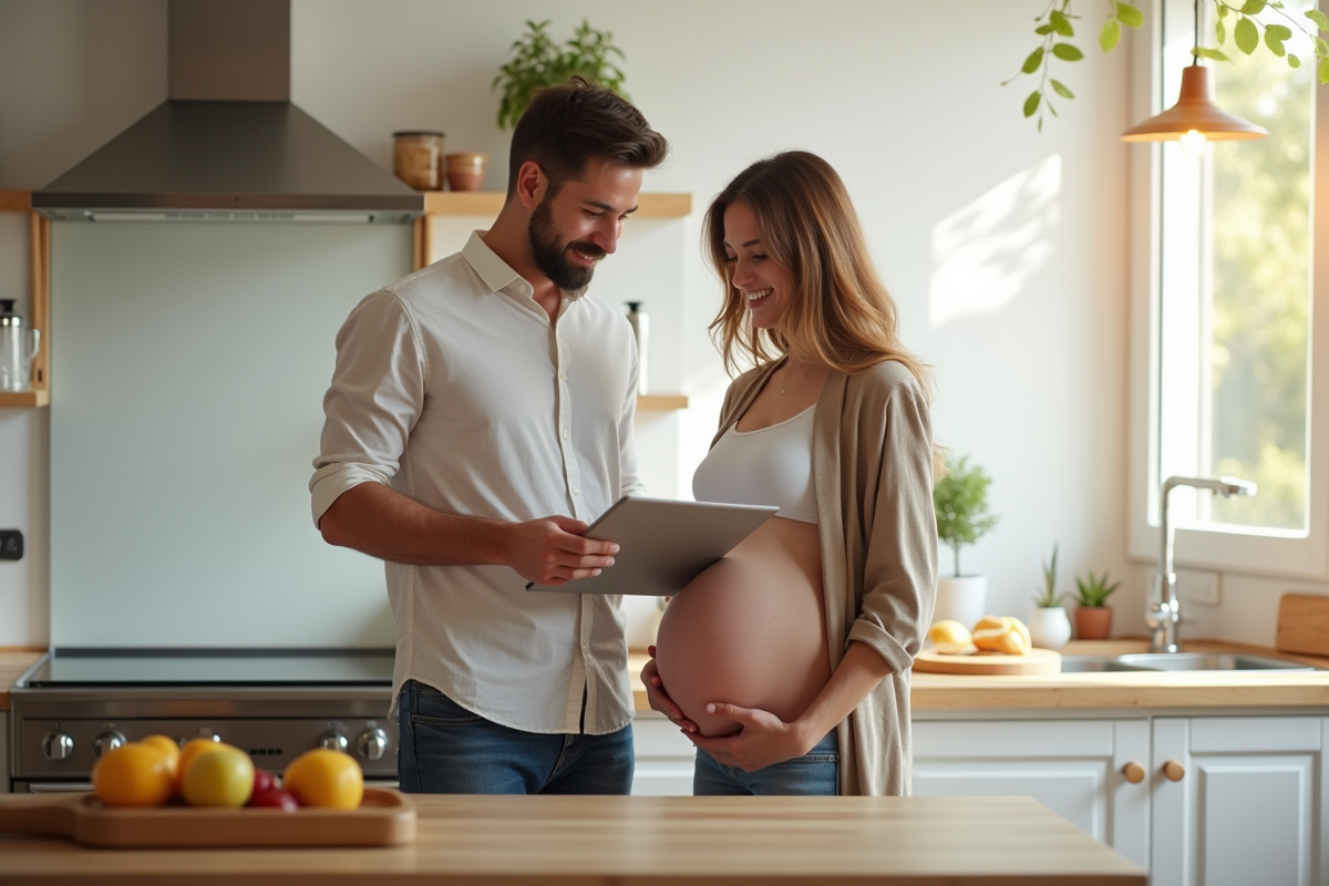 Couple enceinte consultent en ligne dans la cuisine