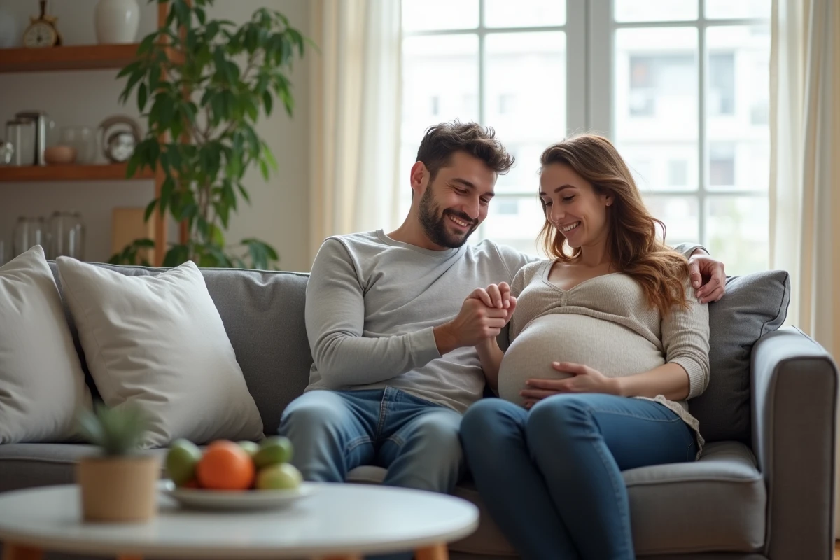 Couple heureux dans le salon avec femme enceinte et partenaire