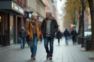 Couple d'adultes marchant dans la ville animée