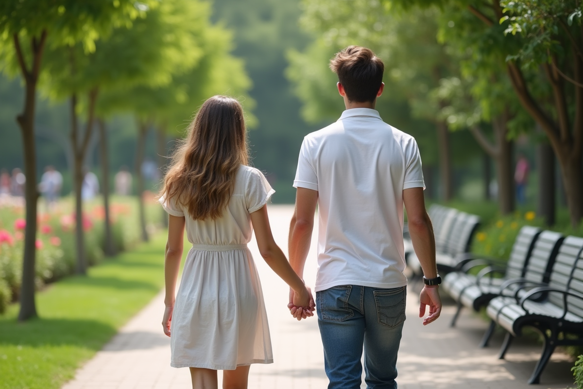 Jeune couple main dans la main dans un parc