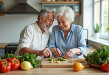 Couple senior préparant un repas sain dans une cuisine lumineuse