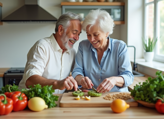 Couple senior préparant un repas sain dans une cuisine lumineuse