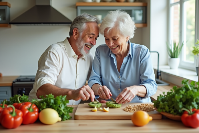 Couple senior préparant un repas sain dans une cuisine lumineuse