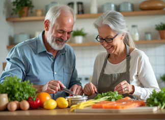 Couple senior préparant un repas riche en vitamine B12