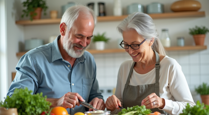 Couple senior préparant un repas riche en vitamine B12