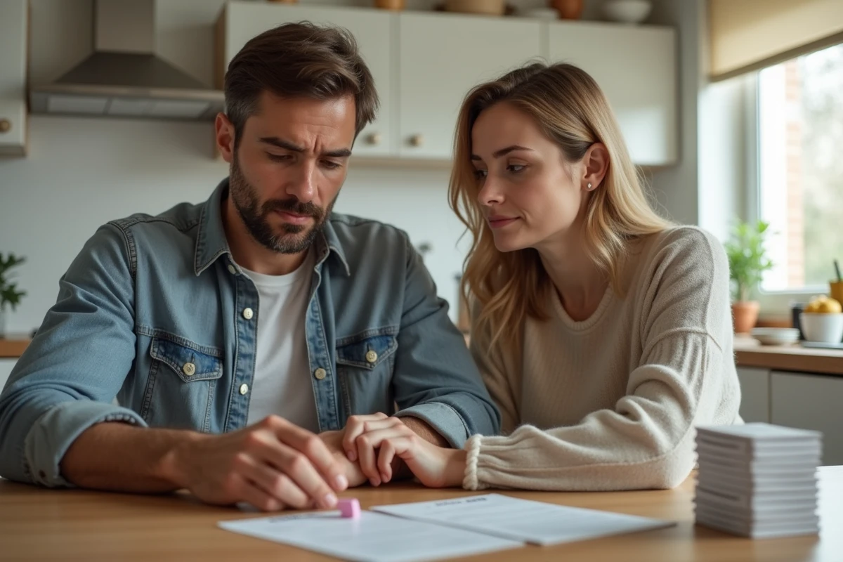 Couple assis à la cuisine avec un test de grossesse