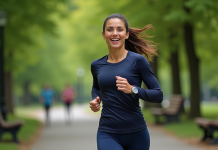 Femme courant dans un parc urbain verdoyant