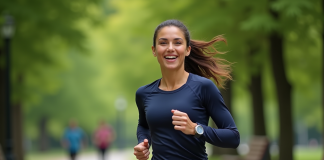 Femme courant dans un parc urbain verdoyant
