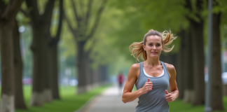 Femme sportive courant dans un parc urbain verdoyant