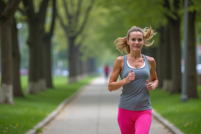 course-femme-urbaine Femme sportive courant dans un parc urbain verdoyant