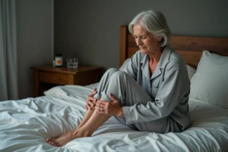 Femme d'une cinquantaine d'années assise sur le bord du lit la nuit, grimaçant de douleur en tenant son mollet à cause d'une crampe nocturne, avec un flacon de médicaments sur la table de chevet