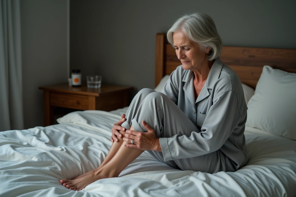 Femme d'une cinquantaine d'années assise sur le bord du lit la nuit, grimaçant de douleur en tenant son mollet à cause d'une crampe nocturne, avec un flacon de médicaments sur la table de chevet