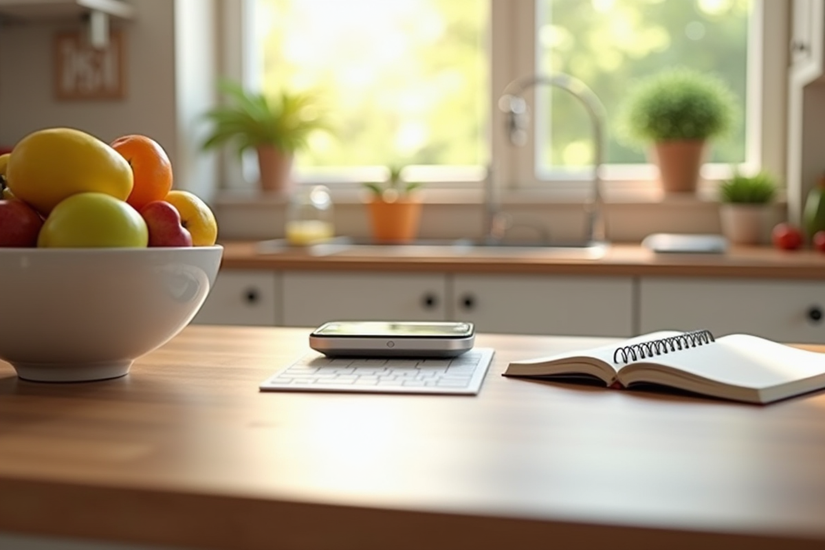 Scène de cuisine avec balance fruits et plan repas organisé