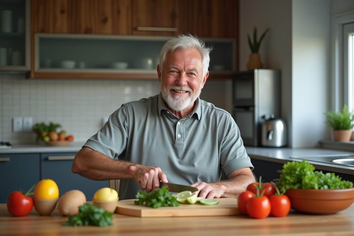 Homme en cuisine coupant des légumes frais avec un sourire