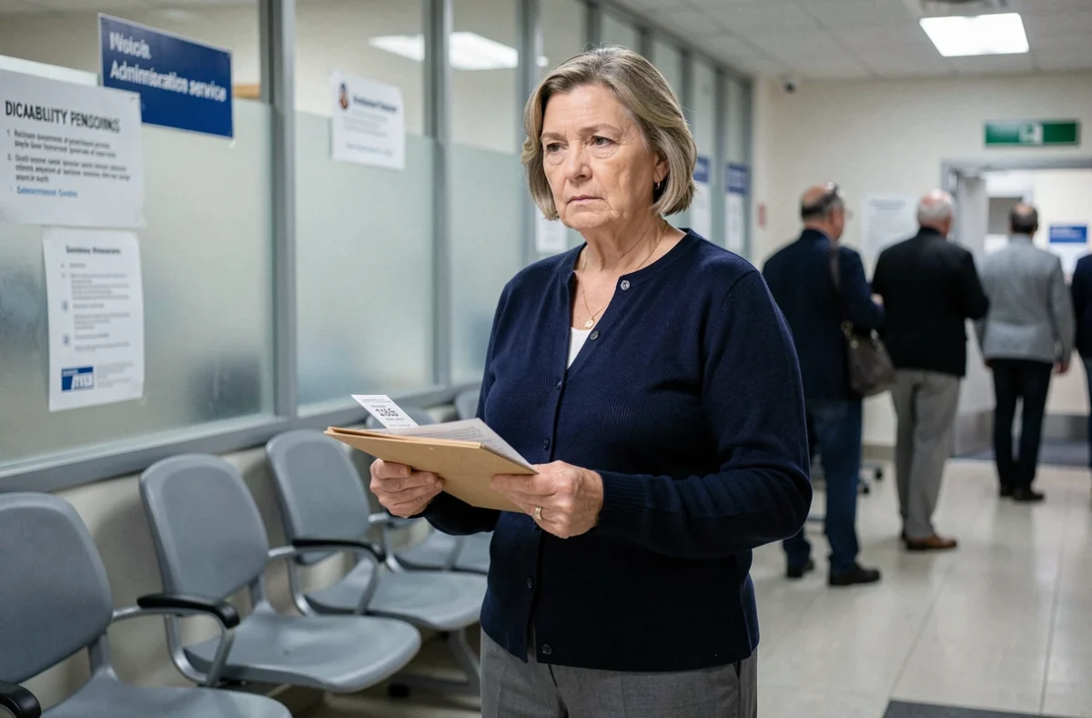 Femme âgée dans une administration publique pour déposer un dossier de pension d'invalidité liée à une algodystrophie
