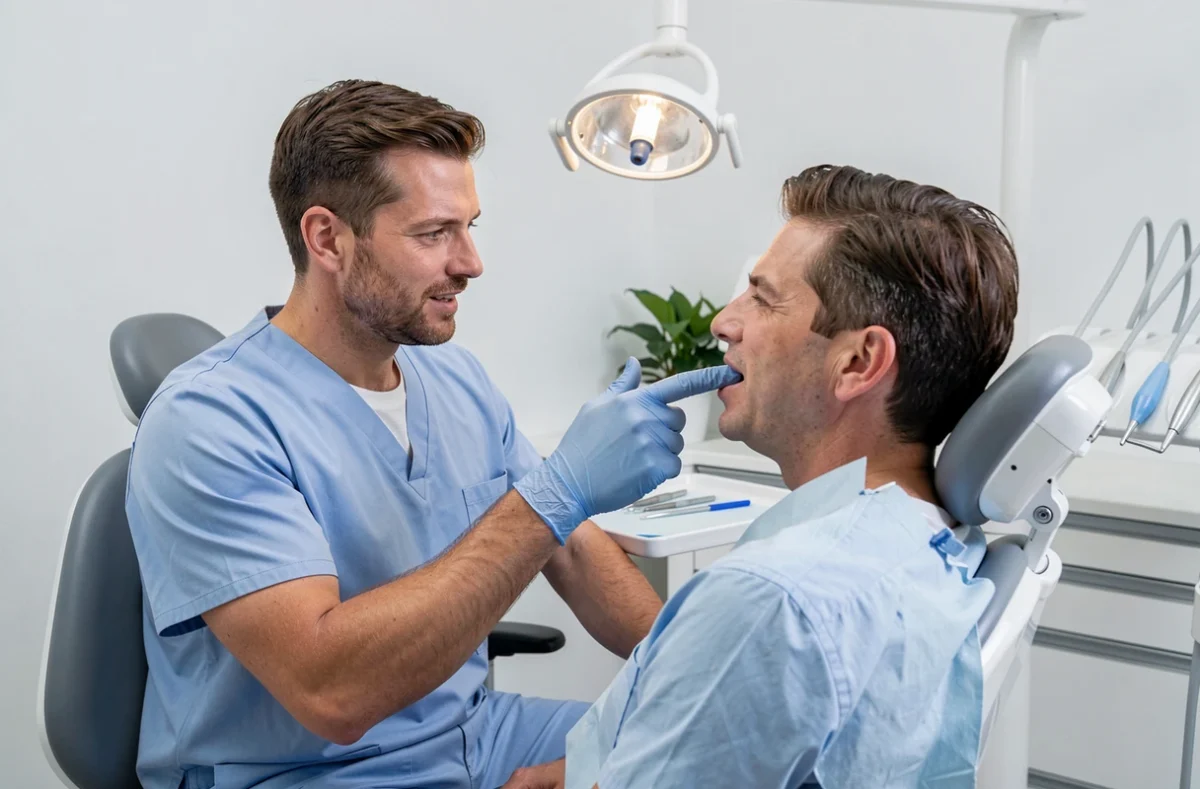 Dentiste expliquant à son patient les soins à apporter à une brûlure du palais et les délais de cicatrisation en cabinet dentaire