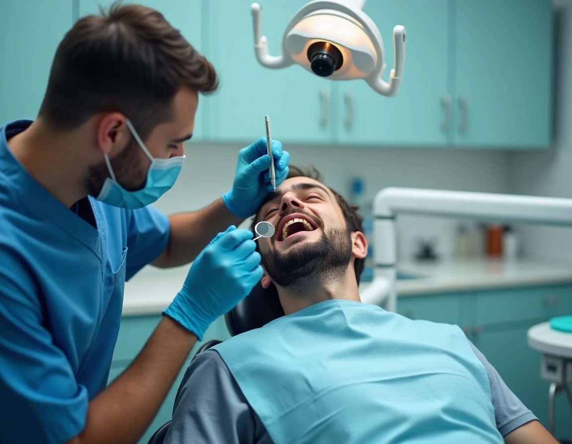 Dentiste examinant la mâchoire d'un patient dans un cabinet dentaire moderne