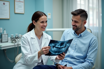 Dentiste femme discutant d'une radiographie avec un patient jeune