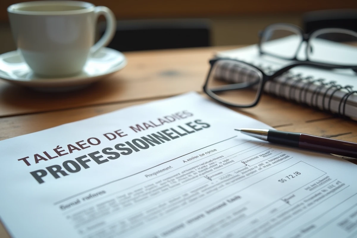 Gros plan d'un document officiel tableau des maladies professionnelles avec stylo et lunettes sur un bureau en bois