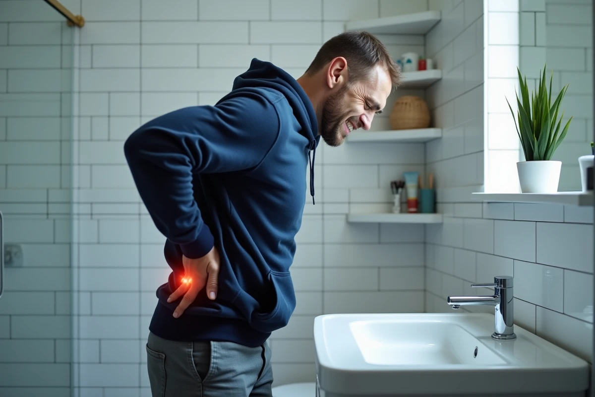 Homme debout dans sa salle de bain tenant son aine droite avec une expression de douleur soudaine et intense survenue à domicile