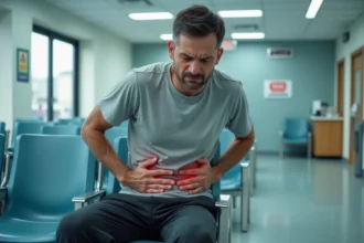 Homme adulte assis dans une salle d'attente des urgences tenant son côté droit du bas-ventre avec une expression de douleur aiguë dans l'aine