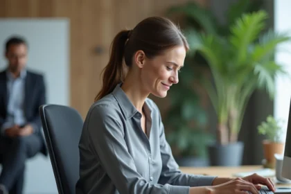 Femme assise à un bureau de travail ressentant une douleur aux fesses en position assise