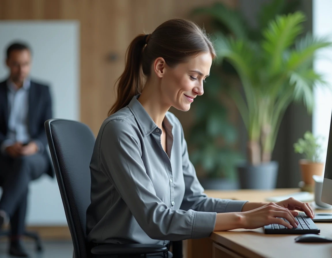 Femme assise à un bureau de travail ressentant une douleur aux fesses en position assise