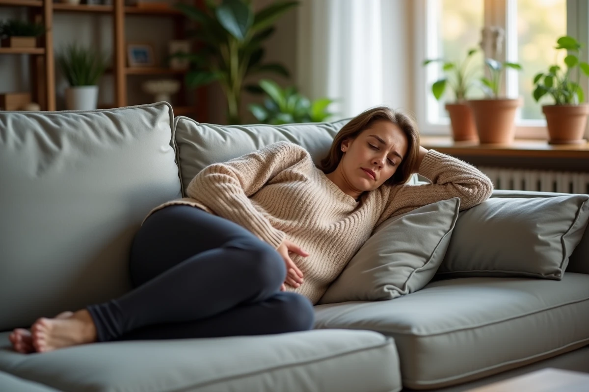 Femme allongée sur un canapé tenant son flanc droit avec une expression de douleur abdominale