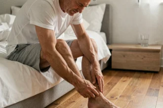 Homme d'âge mûr assis sur le bord de son lit le matin, tenant son talon douloureux, illustrant la douleur au talon au réveil liée à la bursite du tendon d'Achille