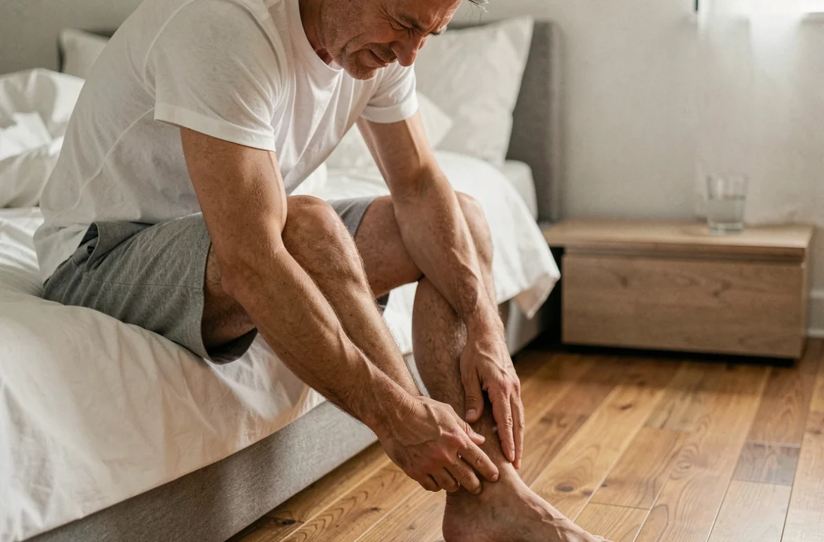 Homme d'âge mûr assis sur le bord de son lit le matin, tenant son talon douloureux, illustrant la douleur au talon au réveil liée à la bursite du tendon d'Achille