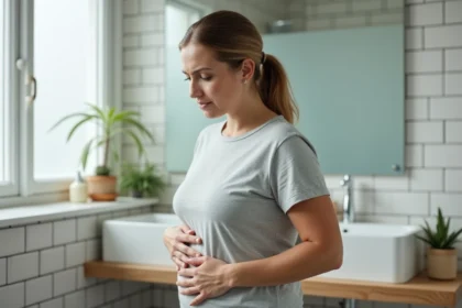 Femme tenant son côté droit du ventre avec une expression de douleur dans une salle de bain moderne
