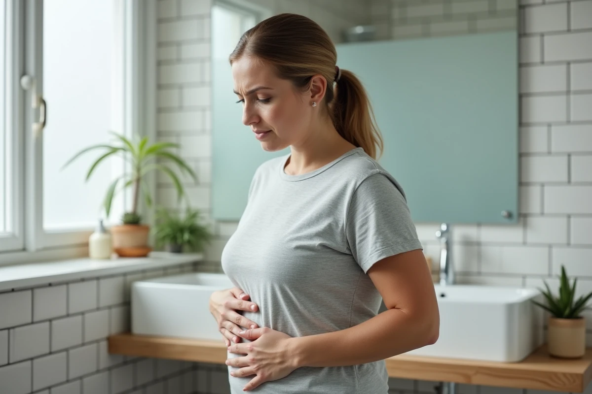 Femme tenant son côté droit du ventre avec une expression de douleur dans une salle de bain moderne