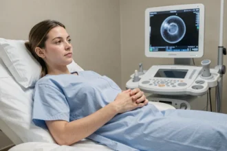 Femme enceinte de 5 semaines allongée lors d'une échographie précoce dans une salle d'obstétrique moderne