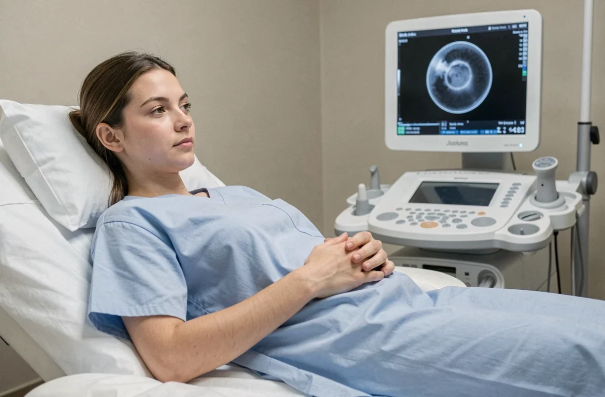 Femme enceinte de 5 semaines allongée lors d'une échographie précoce dans une salle d'obstétrique moderne