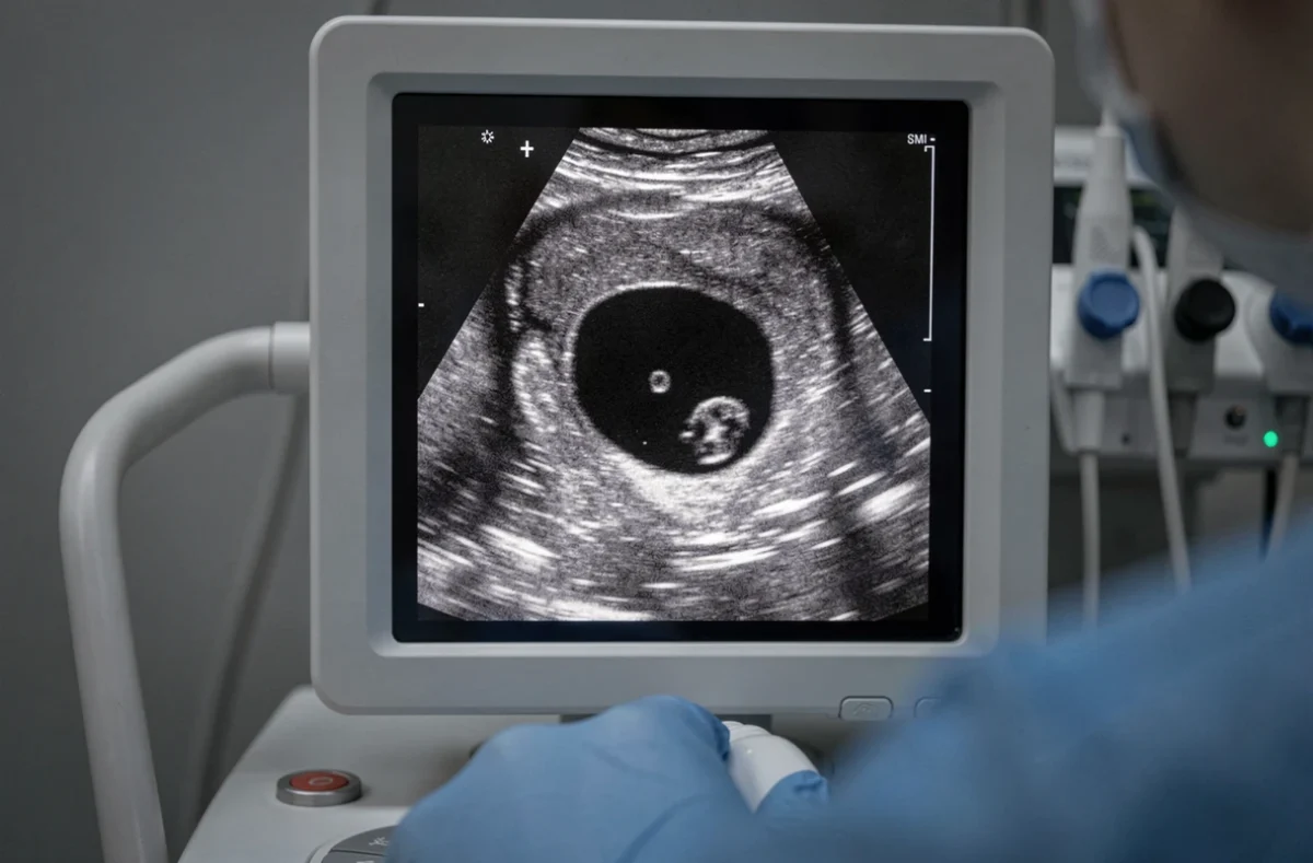 Écran d'échographie montrant un sac gestationnel à 5 semaines d'aménorrhée avec cavité utérine visible
