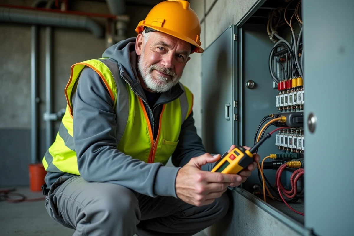Électricien mesurant la tension d'un tableau électrique industriel avec un testeur de tension selon la loi d'Ohm