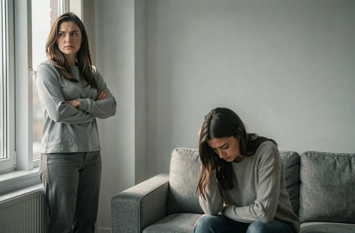 Une femme distante au regard froid dans un appartement minimaliste face à une autre visiblement épuisée émotionnellement, illustrant l'emprise d'une perverse narcissique