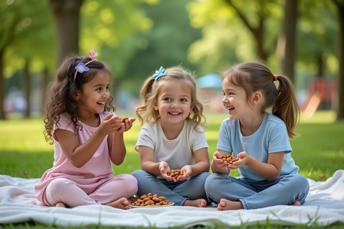 Trois enfants souriants partageant des amandes sur une couverture dans un parc