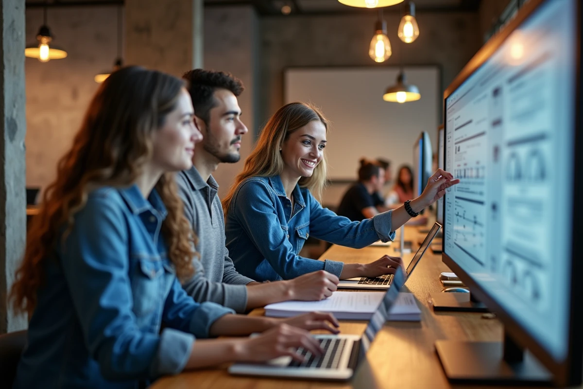 Équipe professionnelle collaborant autour d'un écran pour découvrir les fonctionnalités de Madeformed Pro dans un espace de coworking