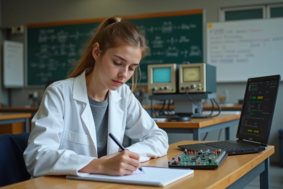 Étudiante en électronique calculant une tension avec la loi d'Ohm sur un banc de laboratoire universitaire