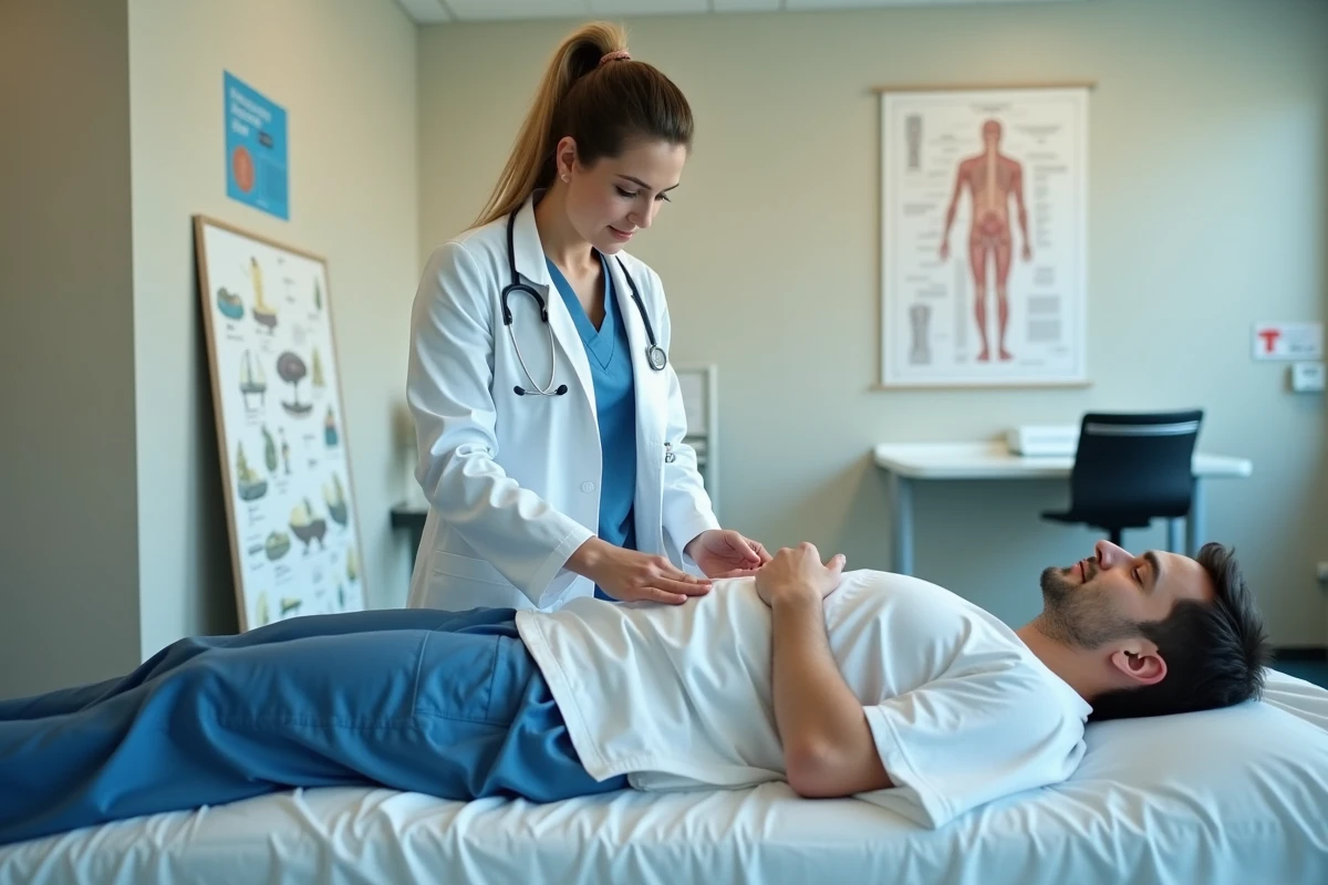 Médecin femme en blouse blanche examinant l'abdomen d'un patient allongé dans une salle de consultation des urgences pour douleur dans l'aine droite