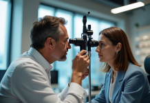 Opticien examinant un client lors d'un test oculaire lumineux