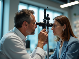 Opticien examinant un client lors d'un test oculaire lumineux