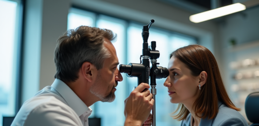 Opticien examinant un client lors d'un test oculaire lumineux