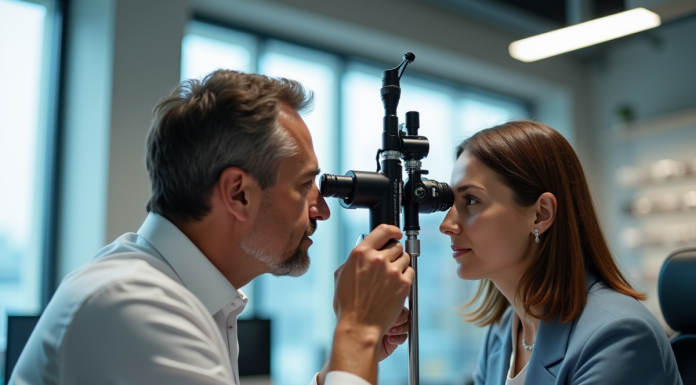 Comment les opticiens peuvent-ils aider votre vision ? Opticien examinant un client lors d'un test oculaire lumineux