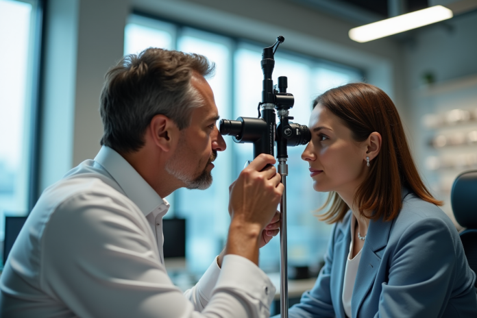 examen-oeil-opticien-lumiere Opticien examinant un client lors d'un test oculaire lumineux