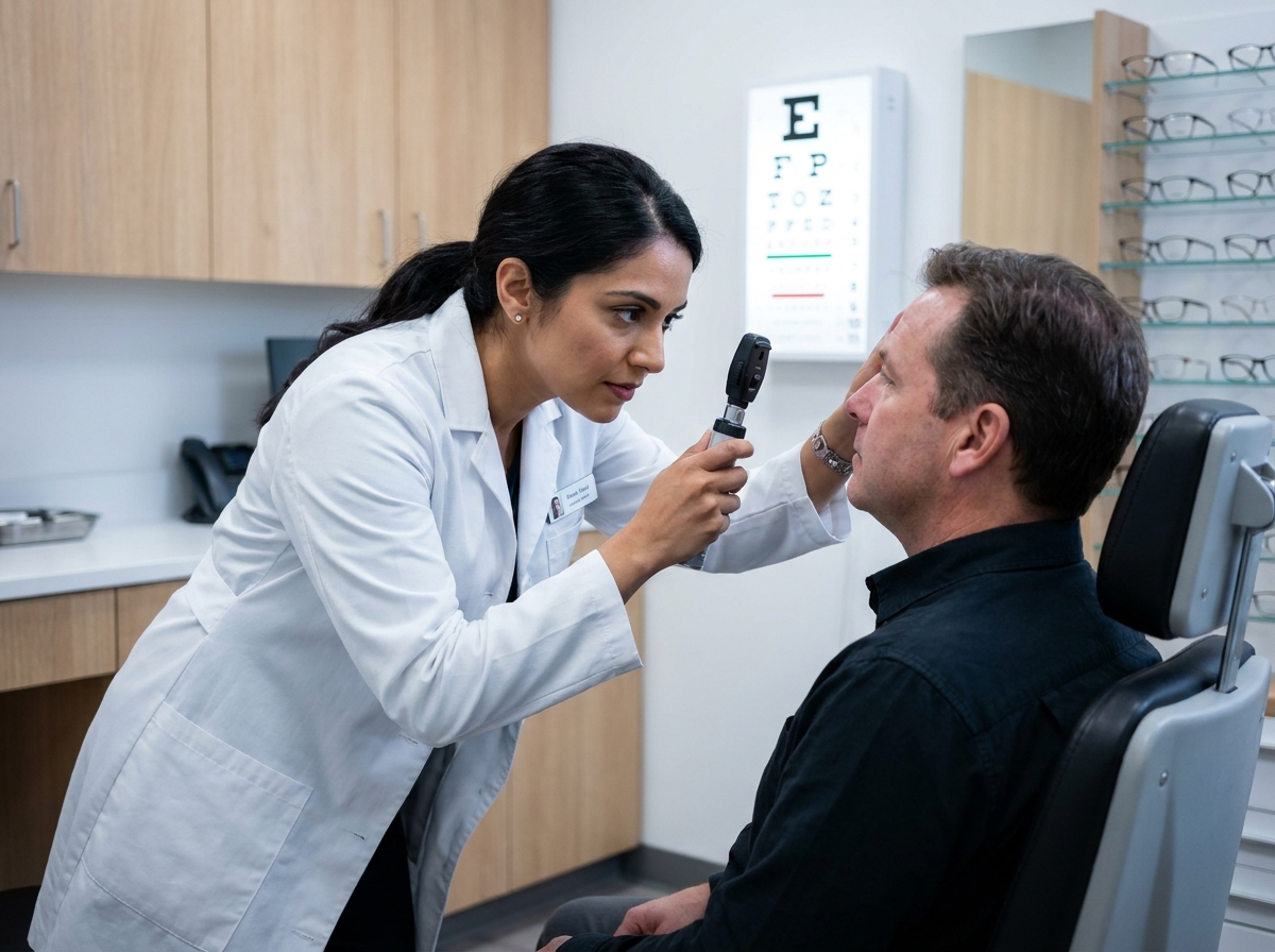 Opticienne réalisant un examen de la vue à une patiente dans un cabinet d'optique moderne, dans le contexte d'une consultation liée aux troubles visuels saisonniers