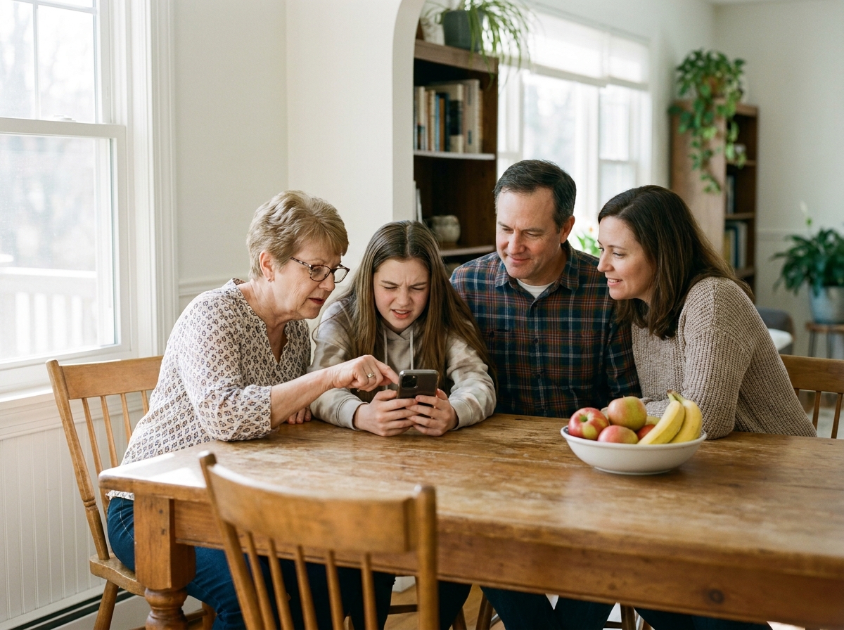 Famille multigénérationnelle discutant des problèmes de vision autour d'une table de cuisine